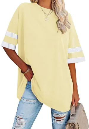 Fisoew Womens Oversized Tees Loose T Shirts Half Sleeve Crew Neck Color Block Cotton Tunic Tops