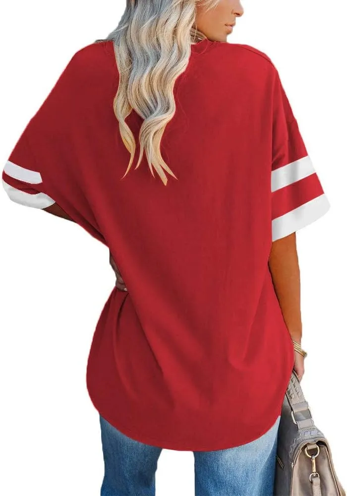 Fisoew Womens Oversized Tees Loose T Shirts Half Sleeve Crew Neck Color Block Cotton Tunic Tops