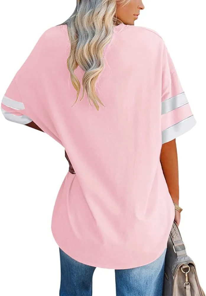 Fisoew Womens Oversized Tees Loose T Shirts Half Sleeve Crew Neck Color Block Cotton Tunic Tops