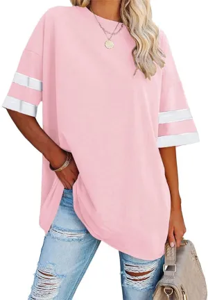 Fisoew Womens Oversized Tees Loose T Shirts Half Sleeve Crew Neck Color Block Cotton Tunic Tops