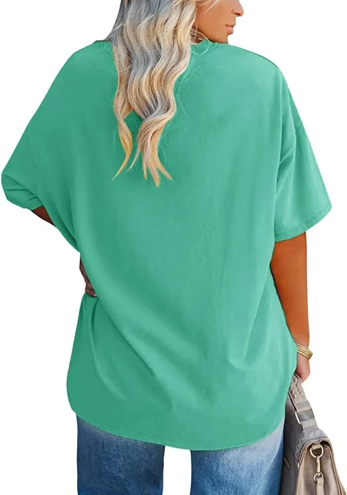 Fisoew Women's Plus Size T Shirts Oversized Tees Summer Half Sleeve Crew Neck Tunic Tops