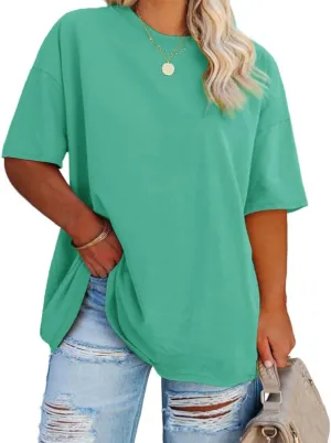 Fisoew Women's Plus Size T Shirts Oversized Tees Summer Half Sleeve Crew Neck Tunic Tops