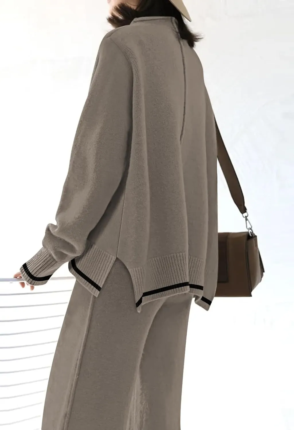 Fixmatti 2 Piece Lounge Sets for Women Long Sleeve Knit Sweater Top and Wide Leg Pant Set Sweatsuit