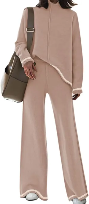 Fixmatti 2 Piece Lounge Sets for Women Long Sleeve Knit Sweater Top and Wide Leg Pant Set Sweatsuit