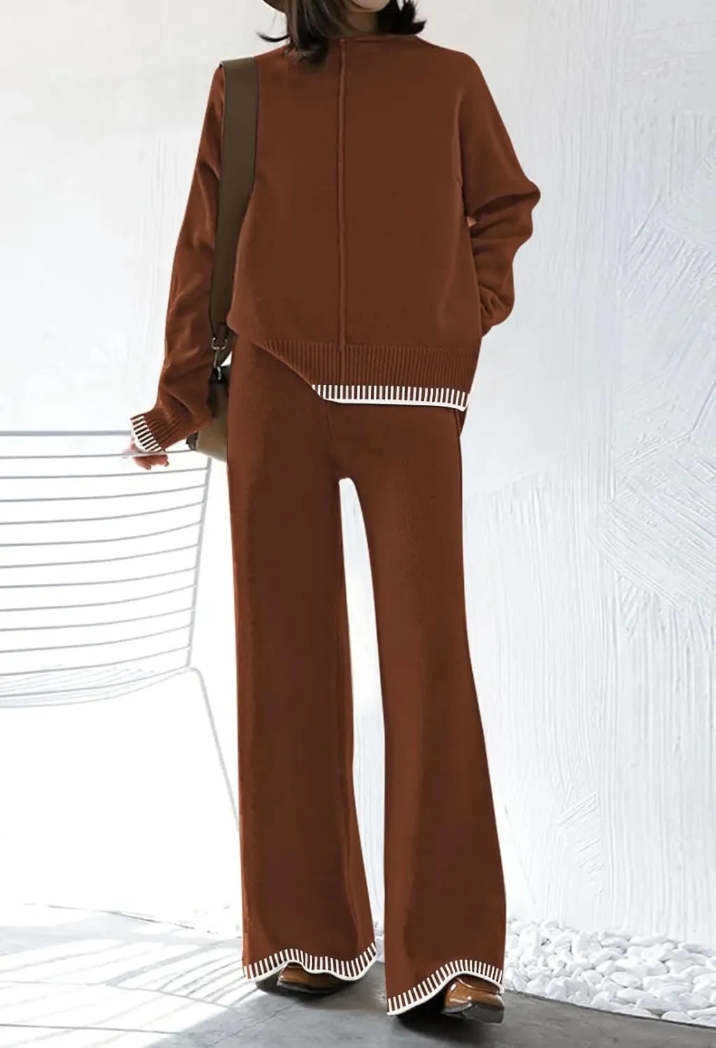 Fixmatti 2 Piece Lounge Sets for Women Long Sleeve Knit Sweater Top and Wide Leg Pant Set Sweatsuit