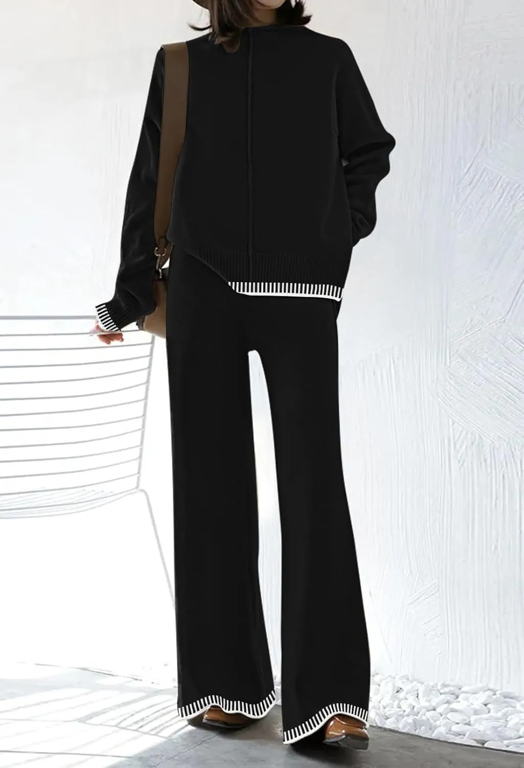 Fixmatti 2 Piece Lounge Sets for Women Long Sleeve Knit Sweater Top and Wide Leg Pant Set Sweatsuit
