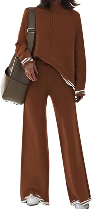Fixmatti 2 Piece Lounge Sets for Women Long Sleeve Knit Sweater Top and Wide Leg Pant Set Sweatsuit