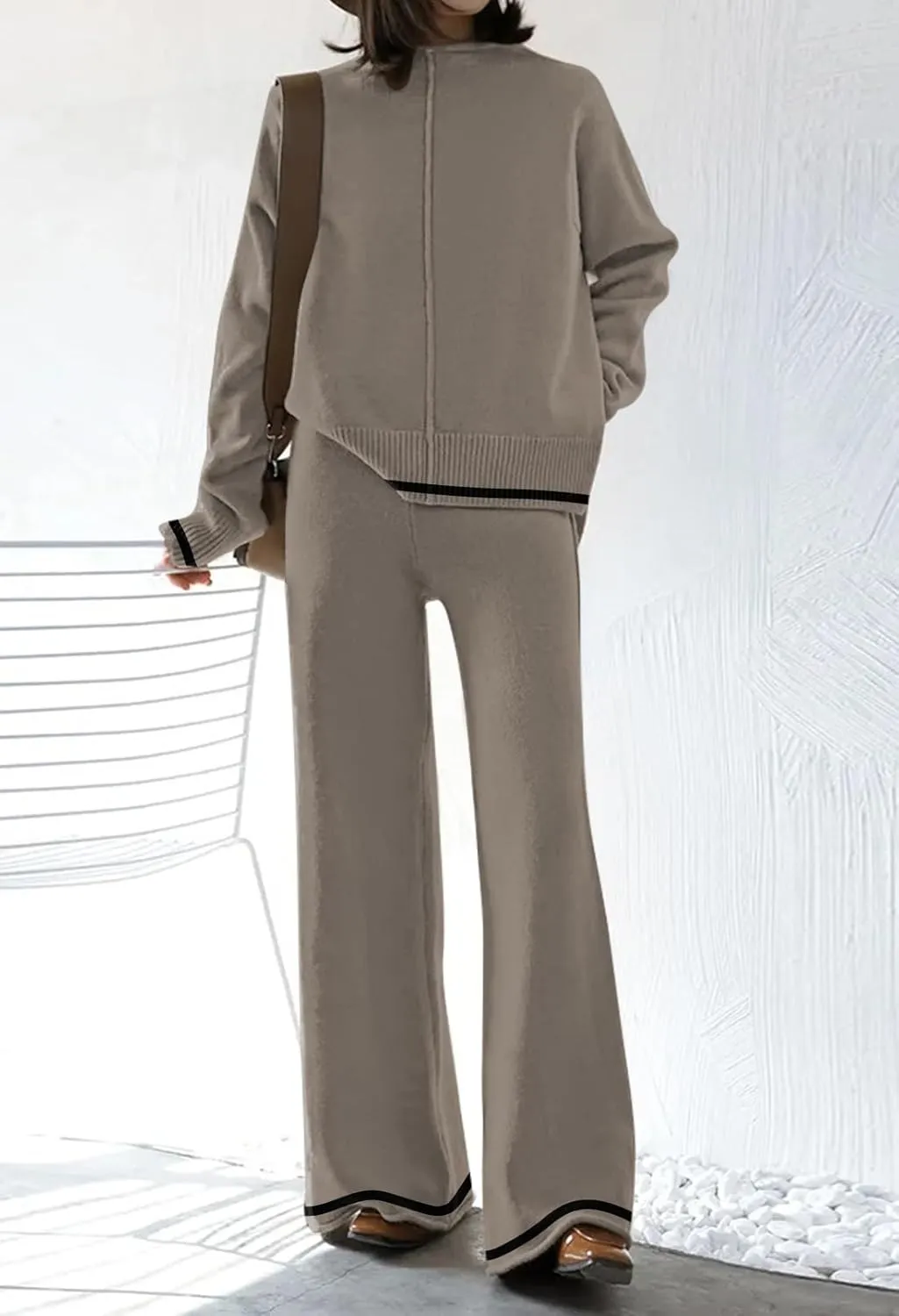 Fixmatti 2 Piece Lounge Sets for Women Long Sleeve Knit Sweater Top and Wide Leg Pant Set Sweatsuit