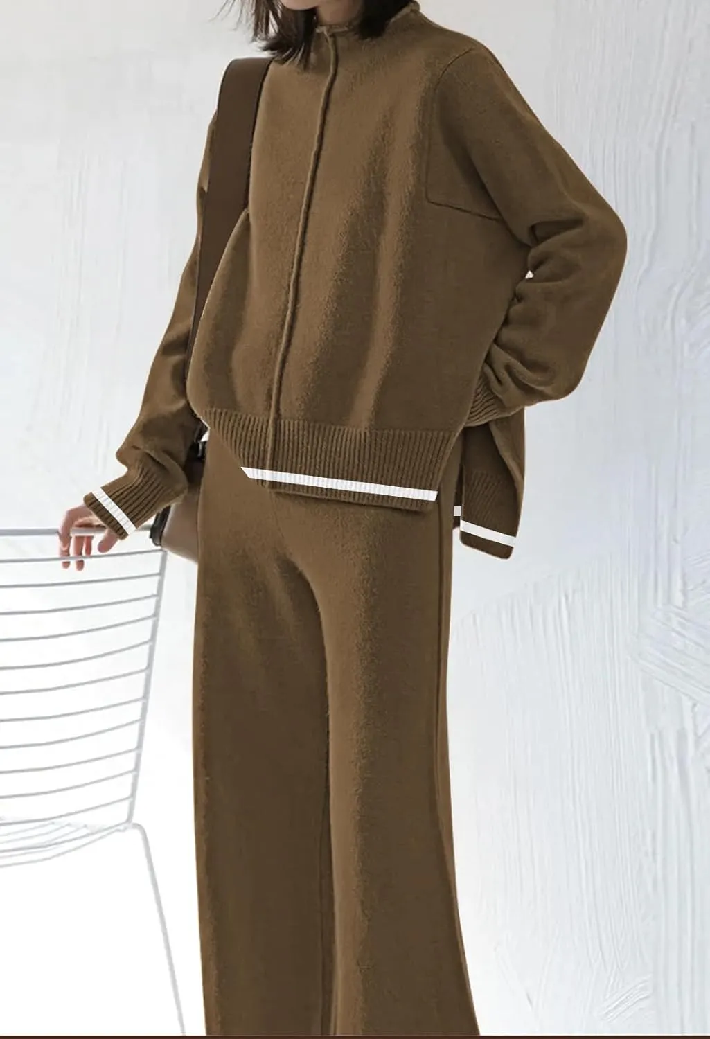 Fixmatti 2 Piece Lounge Sets for Women Long Sleeve Knit Sweater Top and Wide Leg Pant Set Sweatsuit