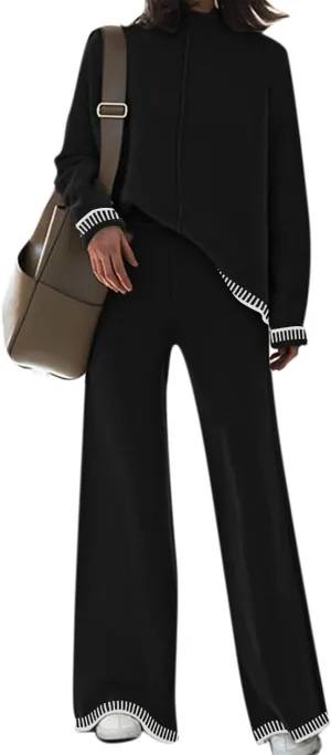 Fixmatti 2 Piece Lounge Sets for Women Long Sleeve Knit Sweater Top and Wide Leg Pant Set Sweatsuit