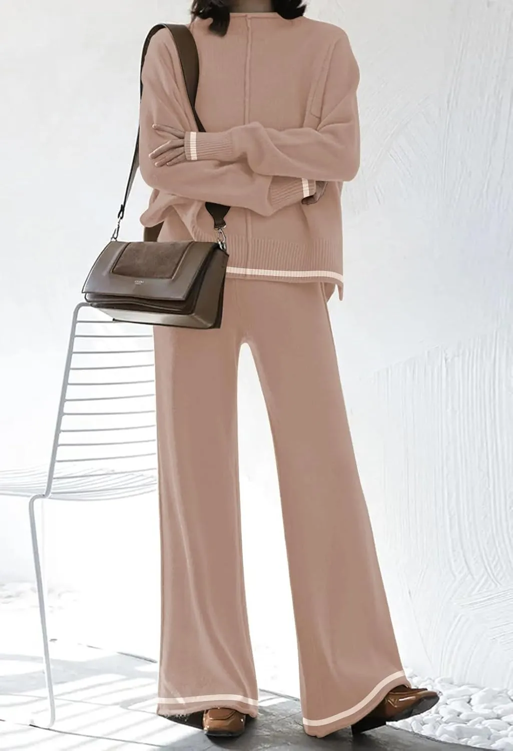 Fixmatti 2 Piece Lounge Sets for Women Long Sleeve Knit Sweater Top and Wide Leg Pant Set Sweatsuit