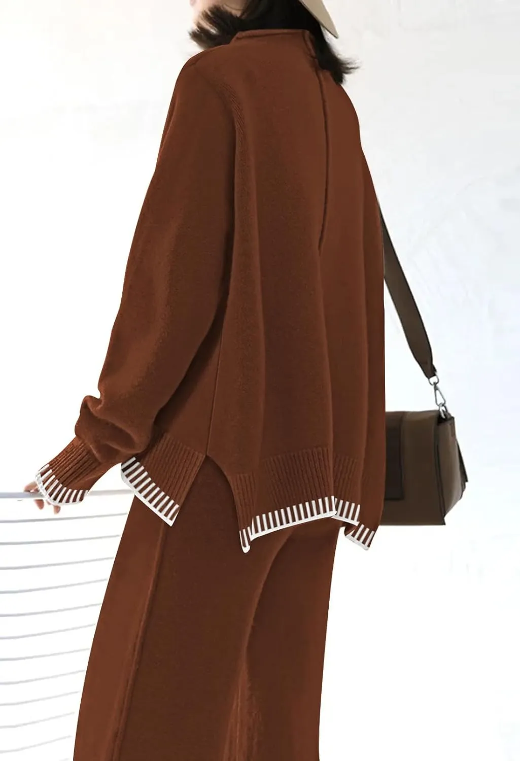 Fixmatti 2 Piece Lounge Sets for Women Long Sleeve Knit Sweater Top and Wide Leg Pant Set Sweatsuit