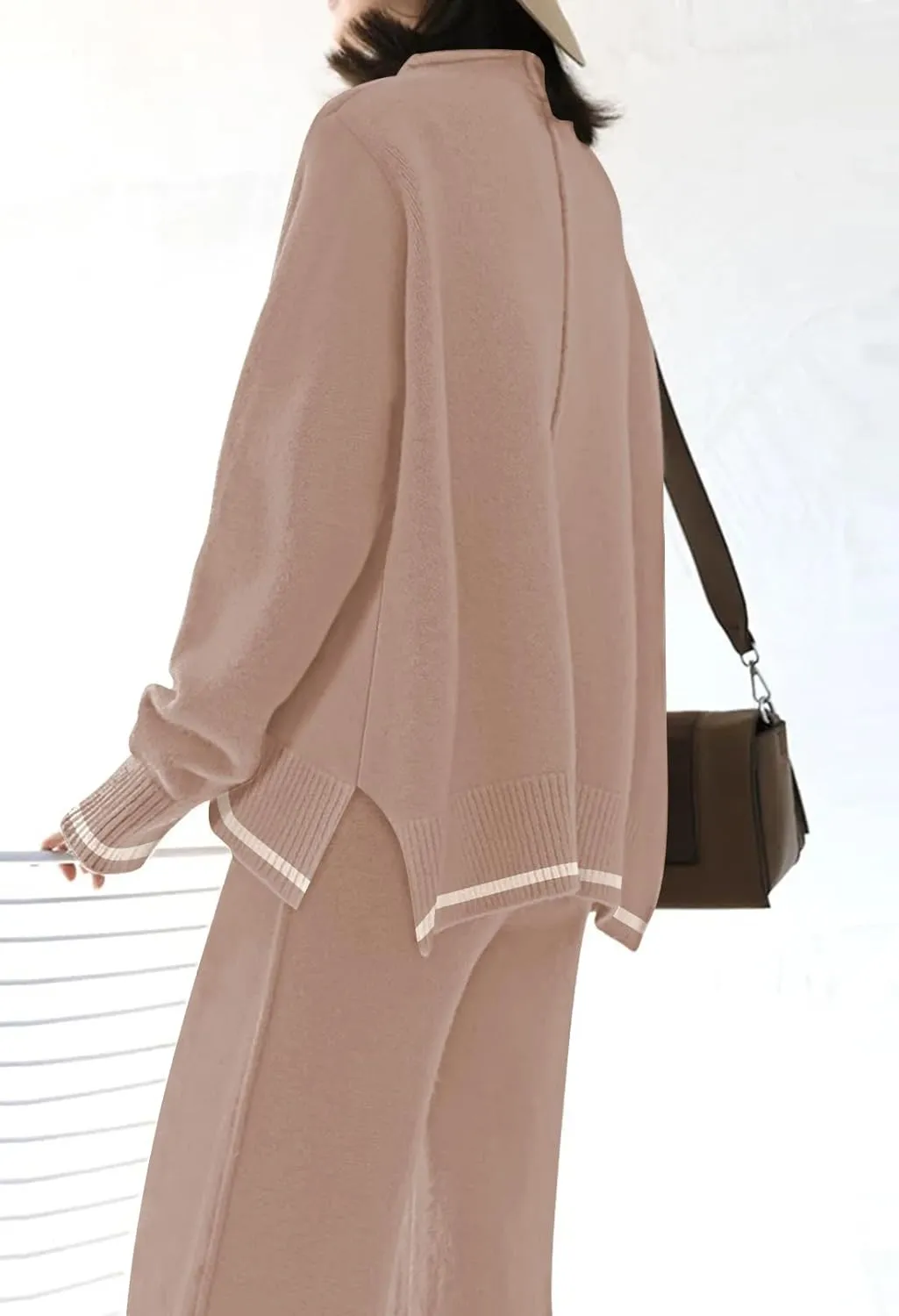 Fixmatti 2 Piece Lounge Sets for Women Long Sleeve Knit Sweater Top and Wide Leg Pant Set Sweatsuit