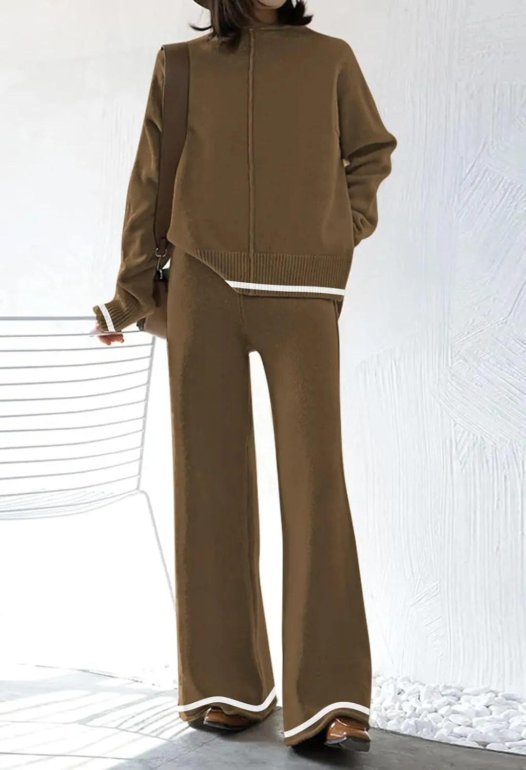 Fixmatti 2 Piece Lounge Sets for Women Long Sleeve Knit Sweater Top and Wide Leg Pant Set Sweatsuit