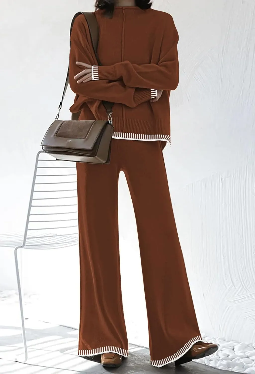 Fixmatti 2 Piece Lounge Sets for Women Long Sleeve Knit Sweater Top and Wide Leg Pant Set Sweatsuit