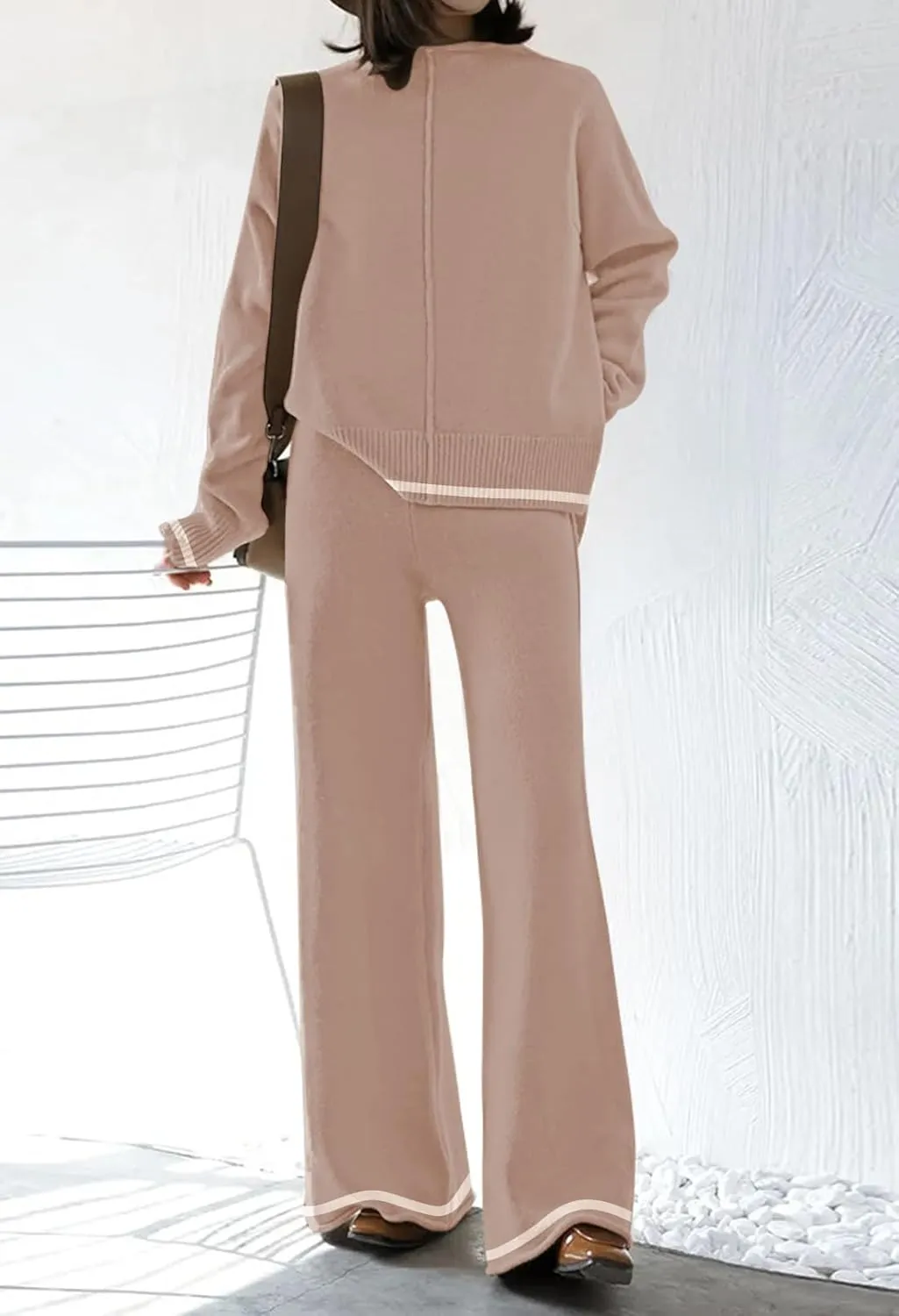 Fixmatti 2 Piece Lounge Sets for Women Long Sleeve Knit Sweater Top and Wide Leg Pant Set Sweatsuit