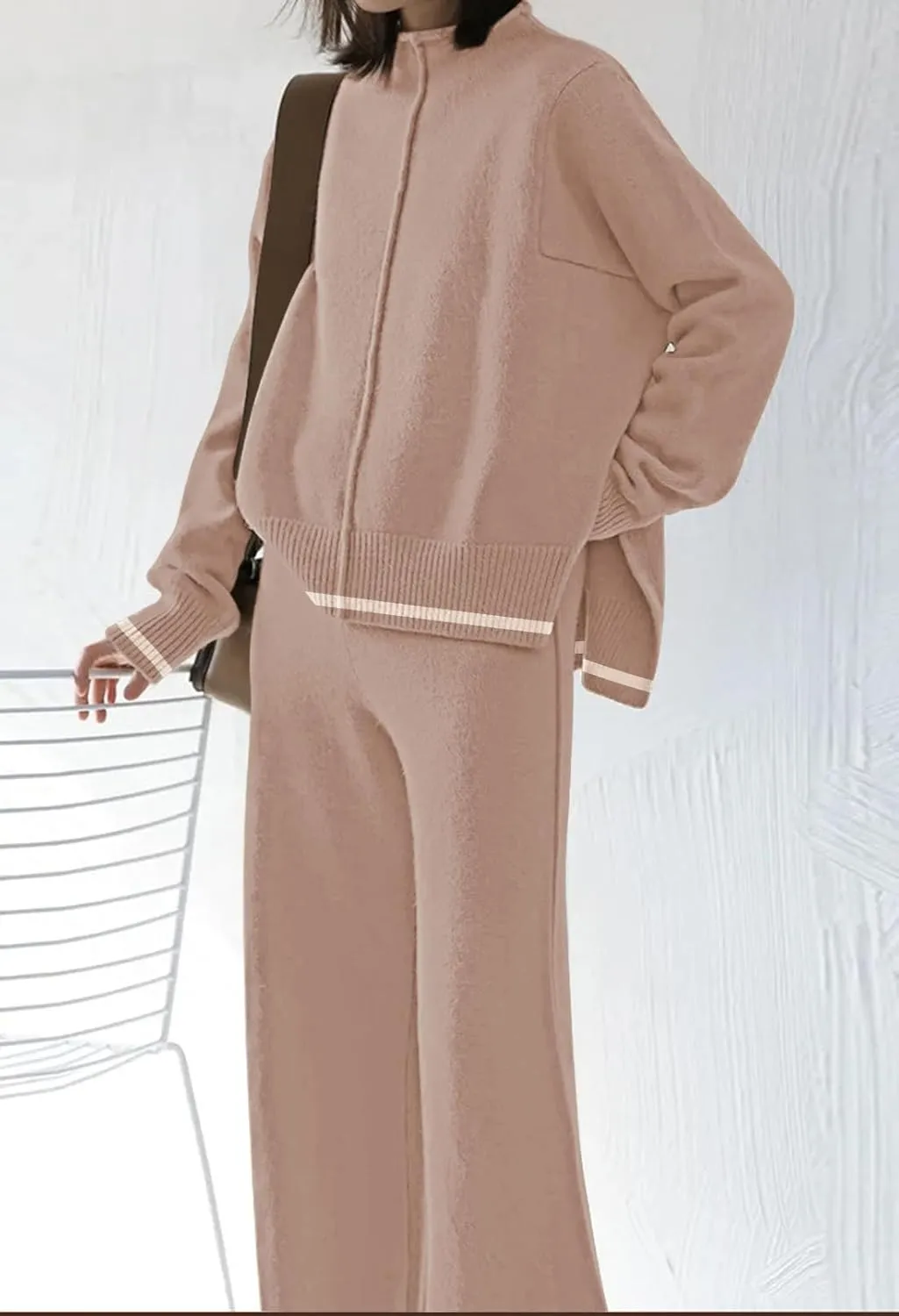 Fixmatti 2 Piece Lounge Sets for Women Long Sleeve Knit Sweater Top and Wide Leg Pant Set Sweatsuit
