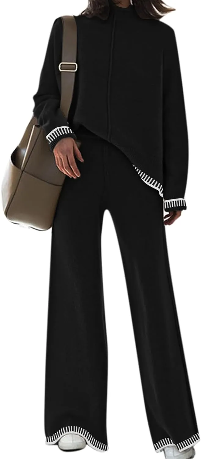 Fixmatti 2 Piece Lounge Sets for Women Long Sleeve Knit Sweater Top and Wide Leg Pant Set Sweatsuit