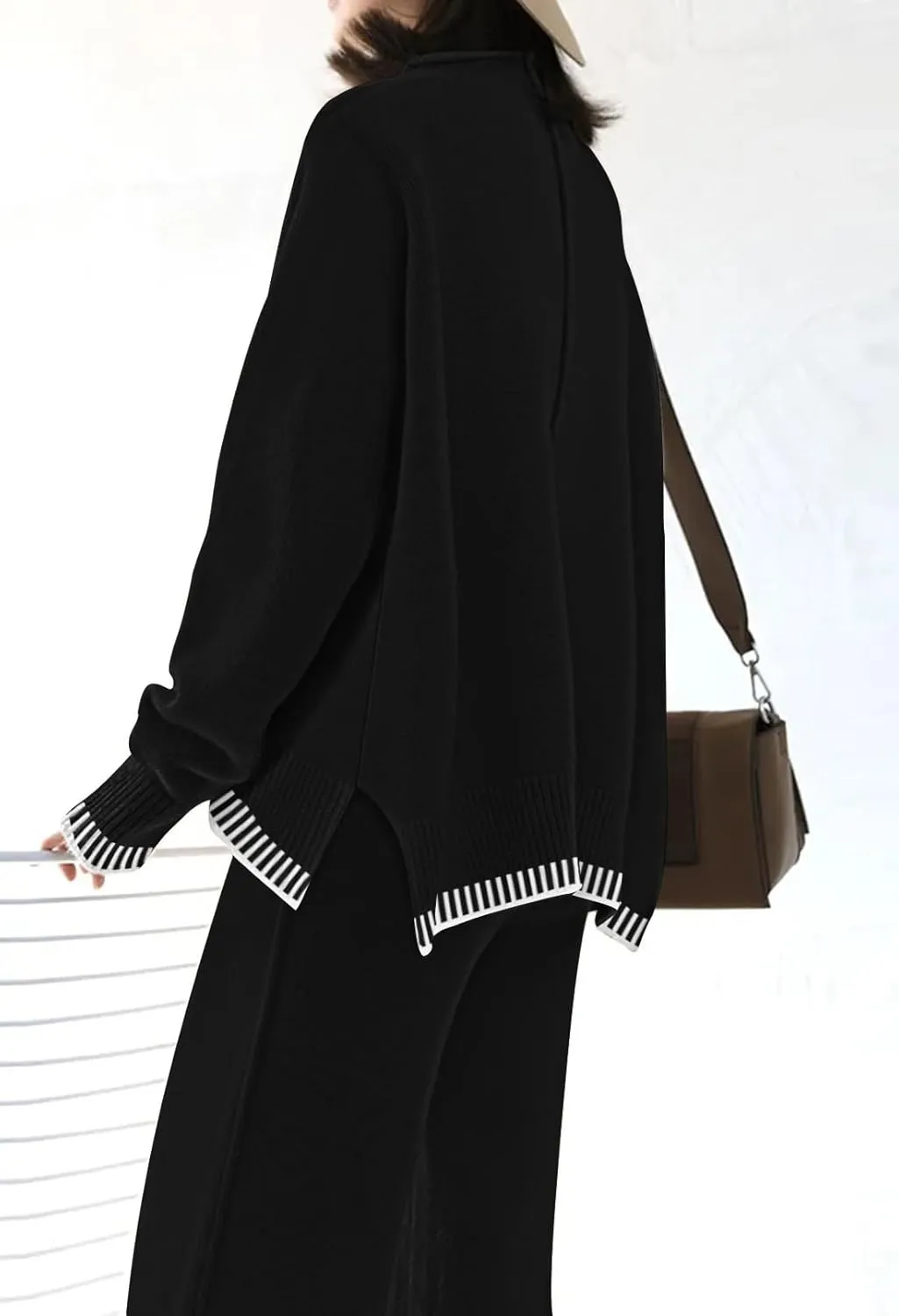 Fixmatti 2 Piece Lounge Sets for Women Long Sleeve Knit Sweater Top and Wide Leg Pant Set Sweatsuit