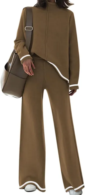Fixmatti 2 Piece Lounge Sets for Women Long Sleeve Knit Sweater Top and Wide Leg Pant Set Sweatsuit