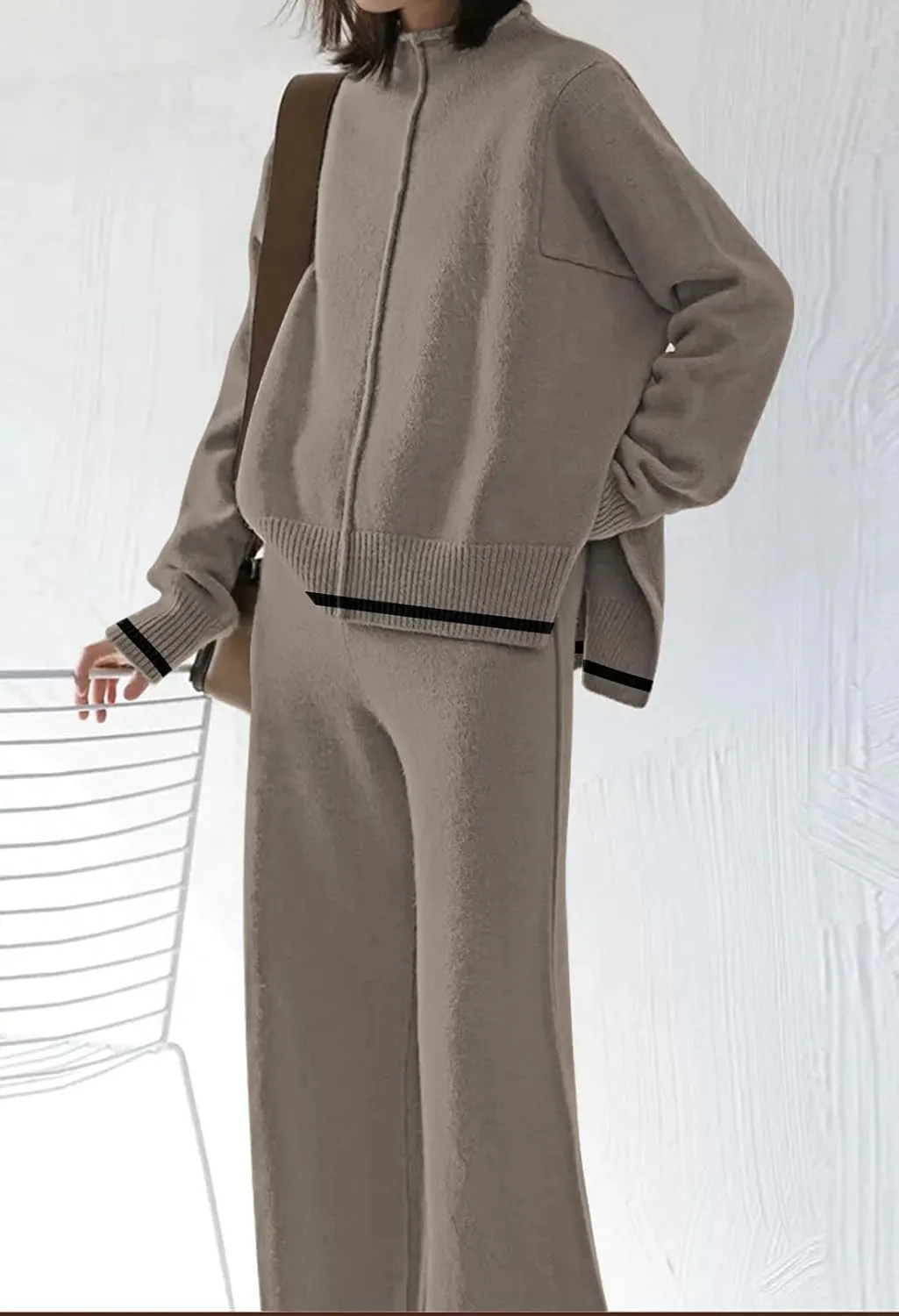 Fixmatti 2 Piece Lounge Sets for Women Long Sleeve Knit Sweater Top and Wide Leg Pant Set Sweatsuit