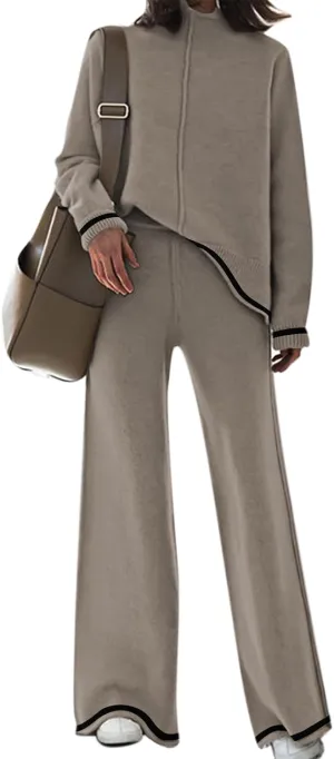 Fixmatti 2 Piece Lounge Sets for Women Long Sleeve Knit Sweater Top and Wide Leg Pant Set Sweatsuit
