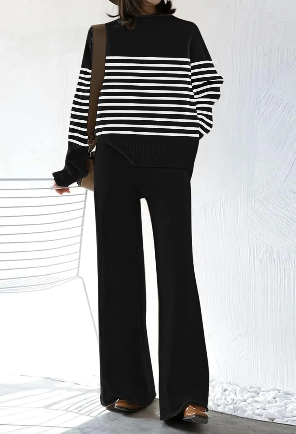 Fixmatti Stripe Sweater Sets for Women 2 Piece Knitted Outfits High Neck Top Wide Leg Pant Loungewear