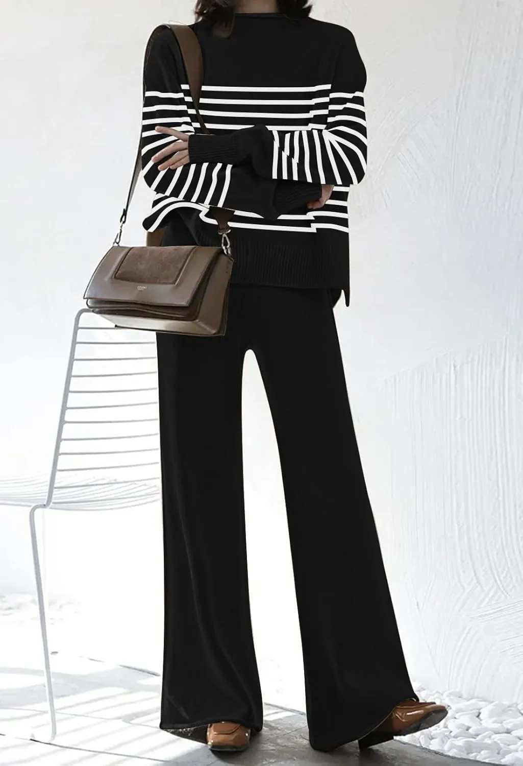 Fixmatti Stripe Sweater Sets for Women 2 Piece Knitted Outfits High Neck Top Wide Leg Pant Loungewear