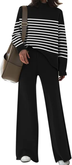 Fixmatti Stripe Sweater Sets for Women 2 Piece Knitted Outfits High Neck Top Wide Leg Pant Loungewear