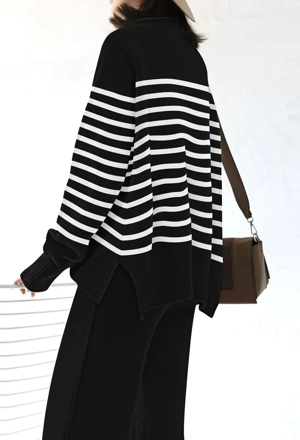 Fixmatti Stripe Sweater Sets for Women 2 Piece Knitted Outfits High Neck Top Wide Leg Pant Loungewear