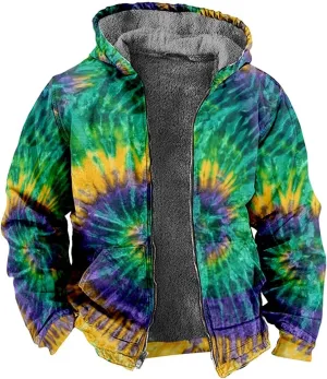Fleece Hoodies for Men Tie Dye Fashion Coat Zip Up Casual Jacket Long Sleeve Comfort Outwear Hooded Sweatshirts with Pocket Sweatshirts for Teen Boys (Green,XL)