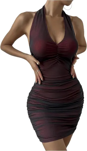 Floerns Women's Halter V Neck Sleeveless Mini Dress Ruched Backless Bodycon Dresses