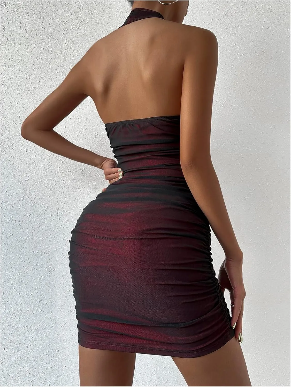 Floerns Women's Halter V Neck Sleeveless Mini Dress Ruched Backless Bodycon Dresses
