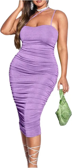 Floerns Women's Plus Size Asymmetrical Neck Cami Dress Ruched Bodycon Midi Dresses