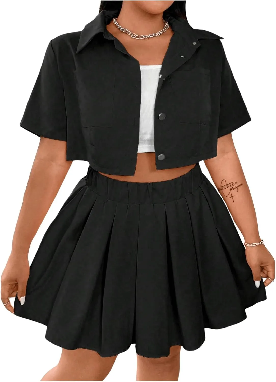 Floerns Women's Plus Size Two Piece Sets Cropped Shirts and Pleated Mini Skirts Outfits