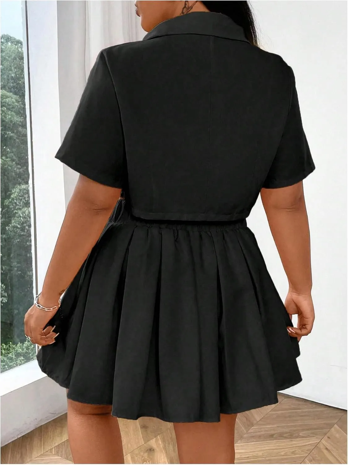 Floerns Women's Plus Size Two Piece Sets Cropped Shirts and Pleated Mini Skirts Outfits