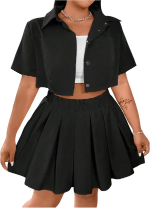 Floerns Women's Plus Size Two Piece Sets Cropped Shirts and Pleated Mini Skirts Outfits