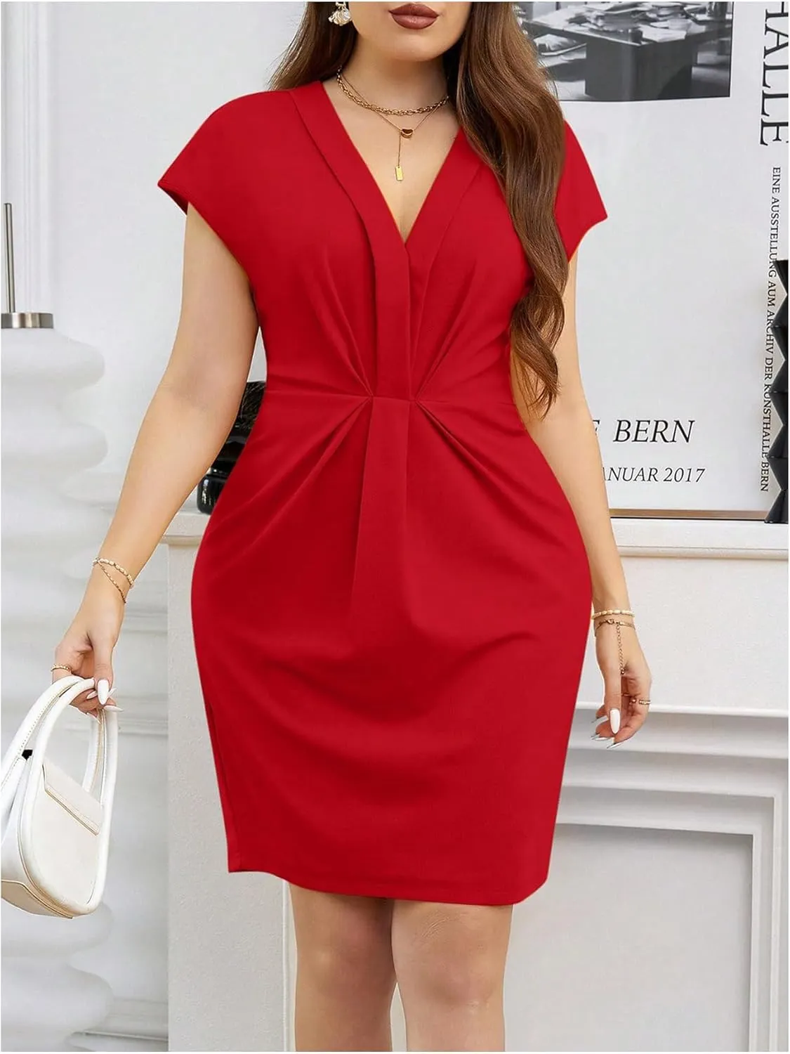 Floerns Women's Plus Size V Neck Short Sleeve Bodycon Dress Ruched Elegant Short Dresses