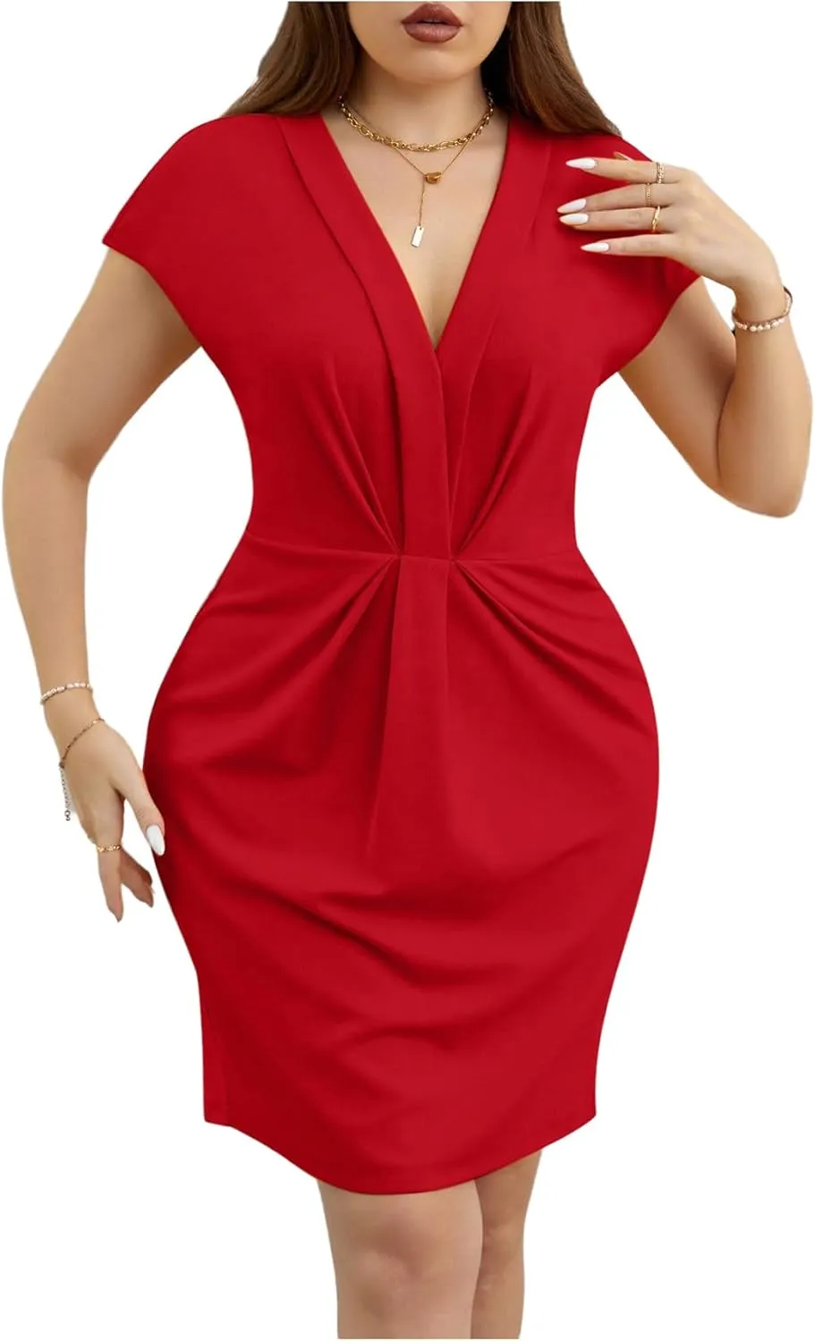 Floerns Women's Plus Size V Neck Short Sleeve Bodycon Dress Ruched Elegant Short Dresses