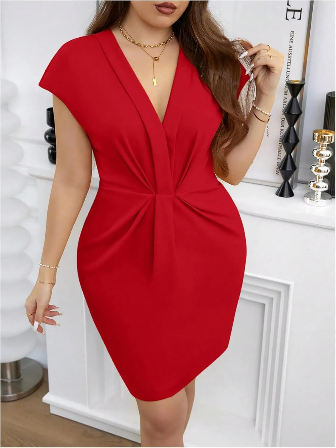 Floerns Women's Plus Size V Neck Short Sleeve Bodycon Dress Ruched Elegant Short Dresses