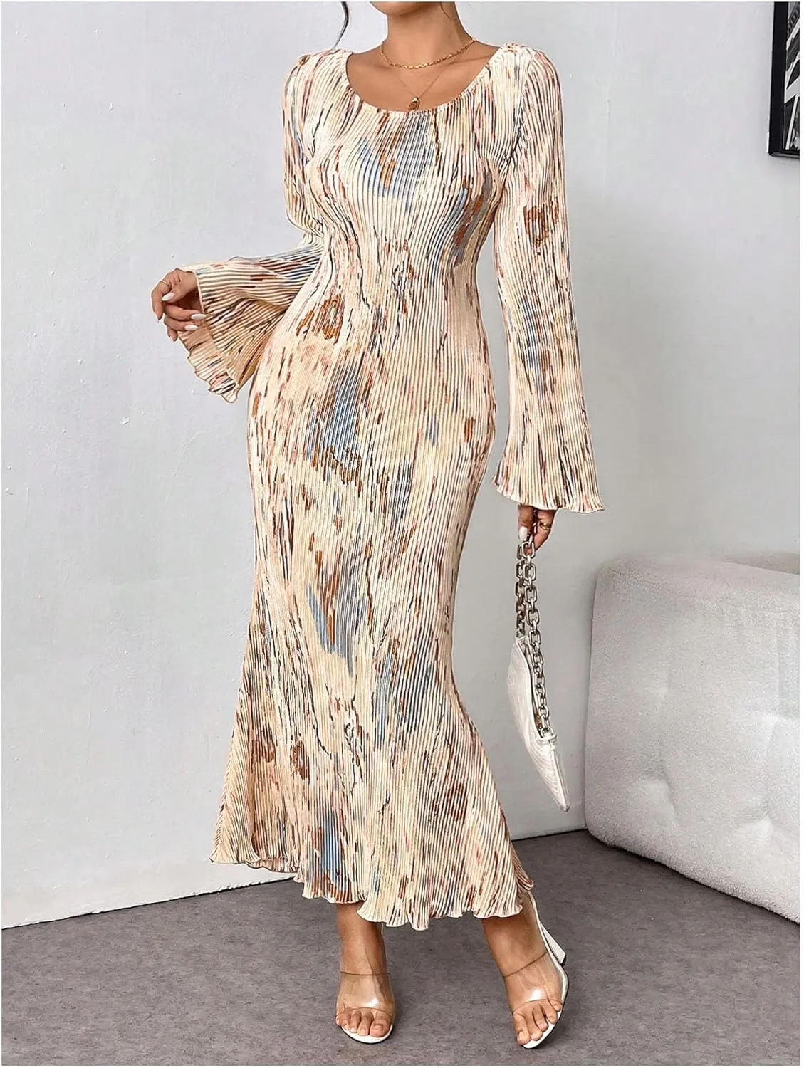 Floerns Women's Tie Dye Bodycon Long Dress Pleated Long Sleeve Fishtail Hem Party Dress