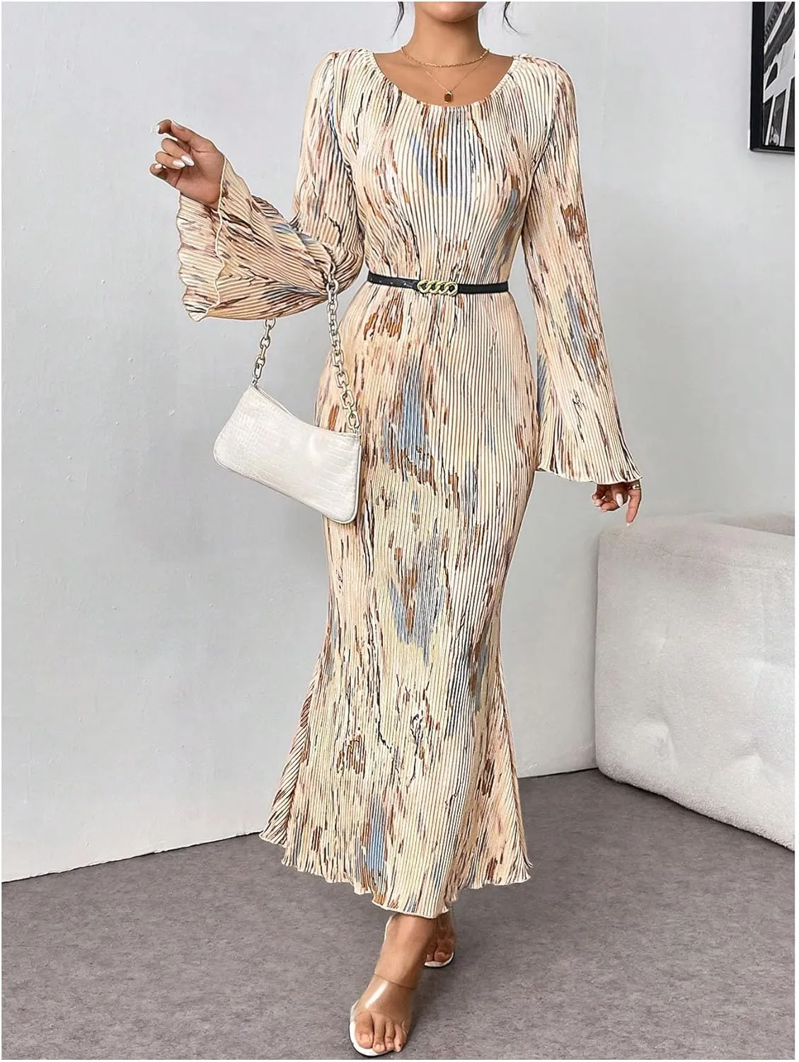 Floerns Women's Tie Dye Bodycon Long Dress Pleated Long Sleeve Fishtail Hem Party Dress