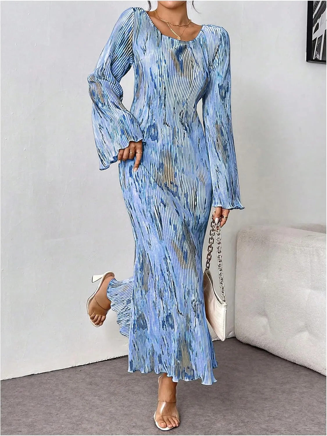 Floerns Women's Tie Dye Bodycon Long Dress Pleated Long Sleeve Fishtail Hem Party Dress