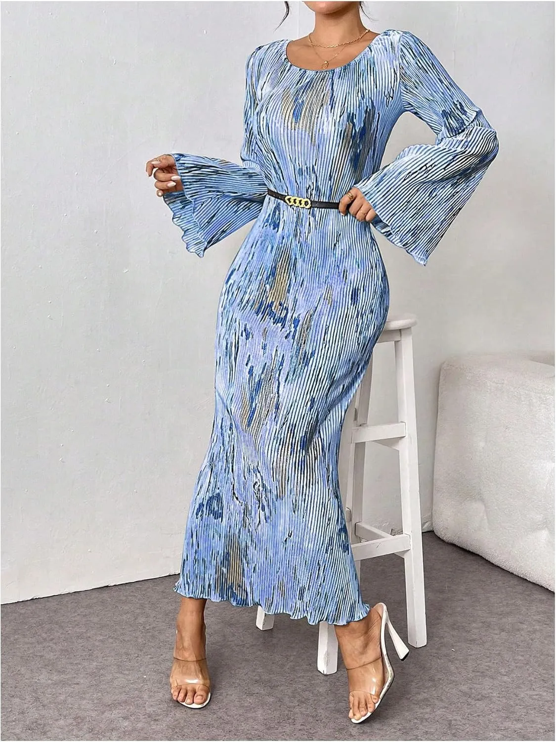 Floerns Women's Tie Dye Bodycon Long Dress Pleated Long Sleeve Fishtail Hem Party Dress