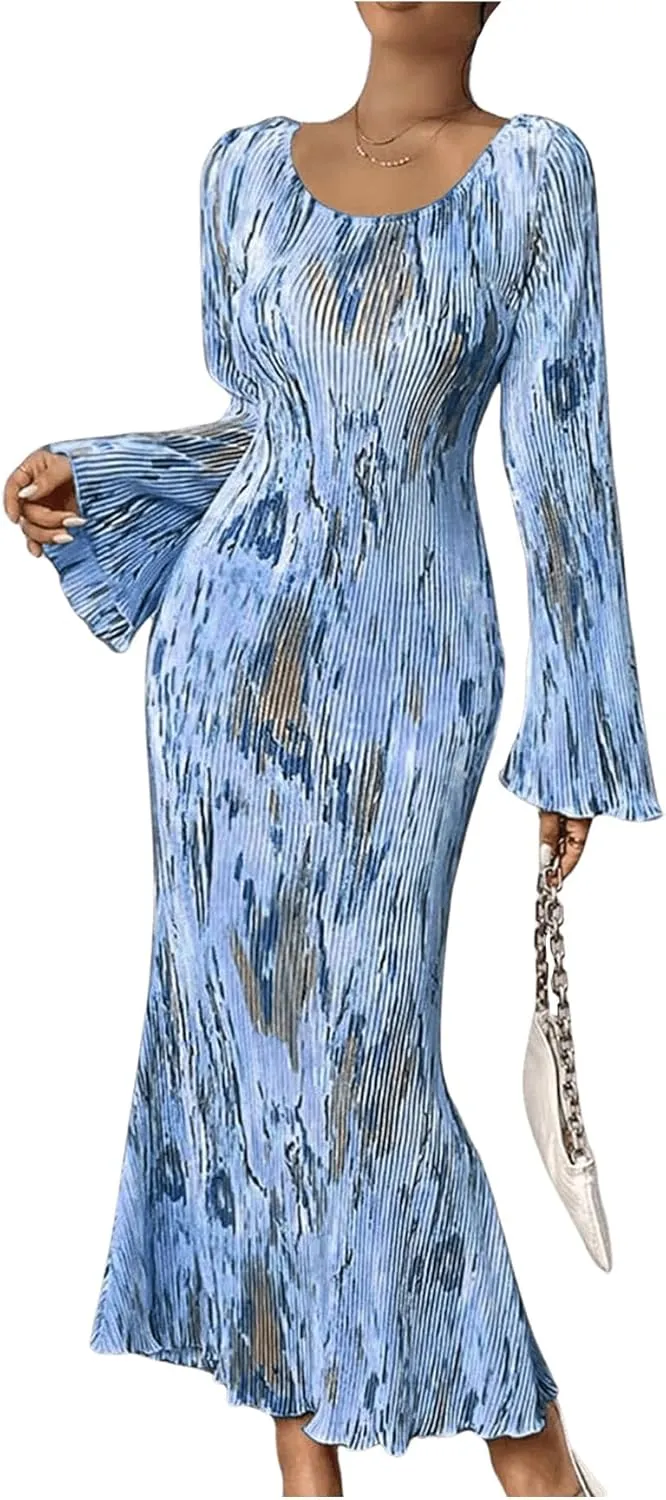 Floerns Women's Tie Dye Bodycon Long Dress Pleated Long Sleeve Fishtail Hem Party Dress