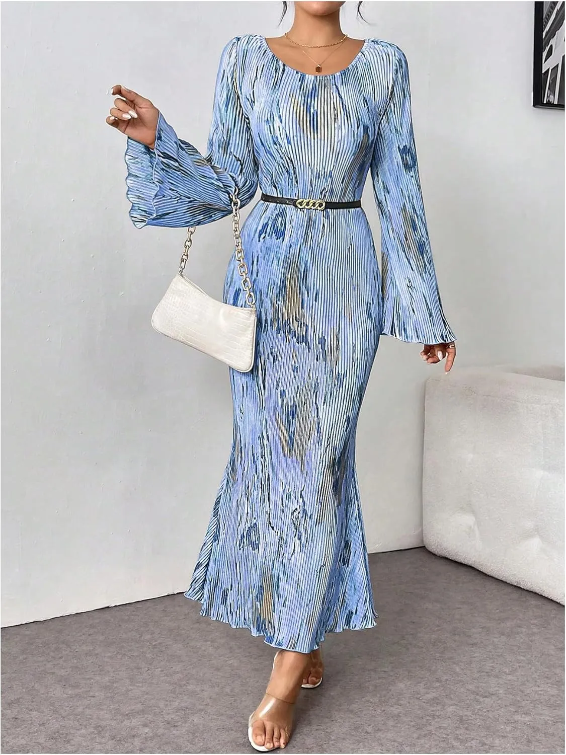 Floerns Women's Tie Dye Bodycon Long Dress Pleated Long Sleeve Fishtail Hem Party Dress