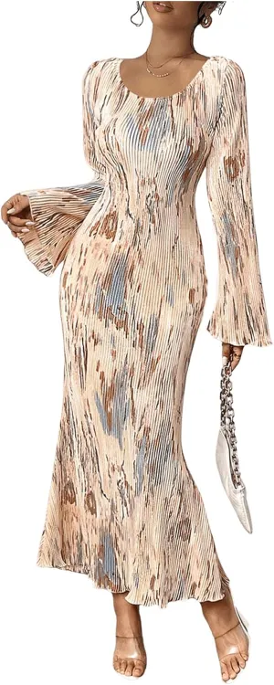 Floerns Women's Tie Dye Bodycon Long Dress Pleated Long Sleeve Fishtail Hem Party Dress