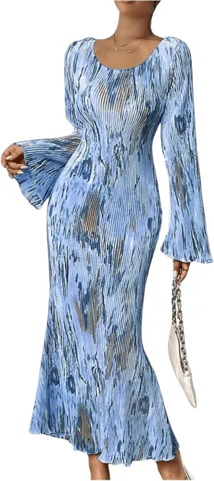 Floerns Women's Tie Dye Bodycon Long Dress Pleated Long Sleeve Fishtail Hem Party Dress