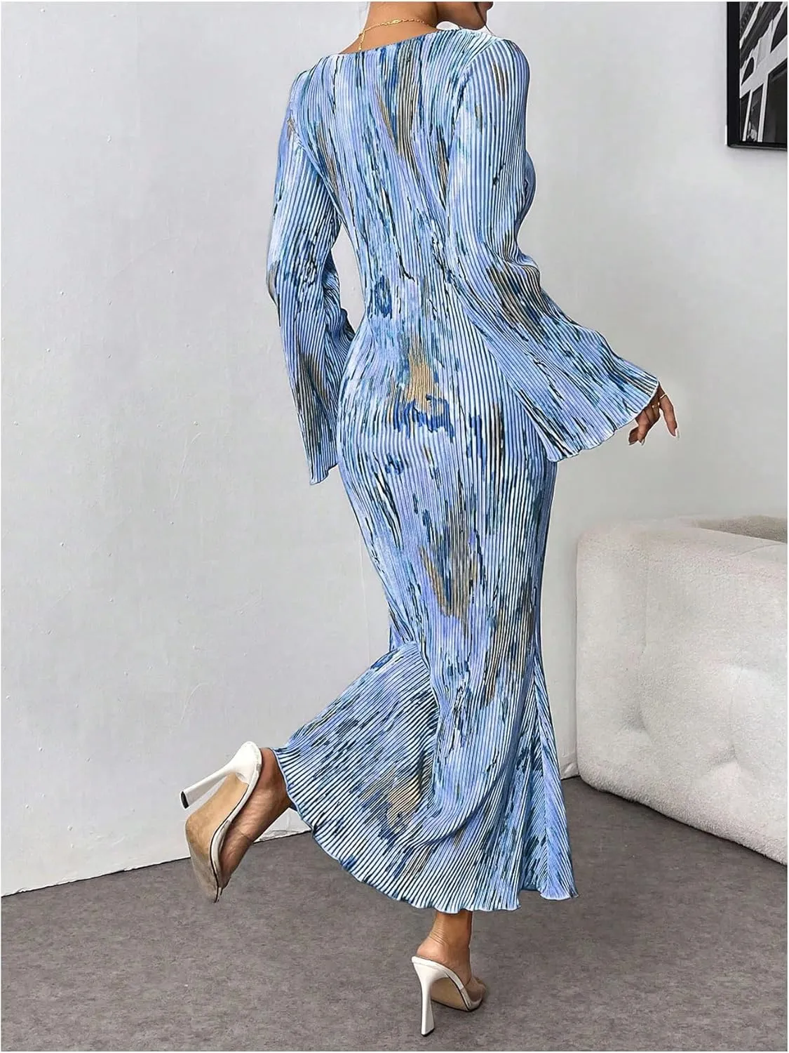 Floerns Women's Tie Dye Bodycon Long Dress Pleated Long Sleeve Fishtail Hem Party Dress