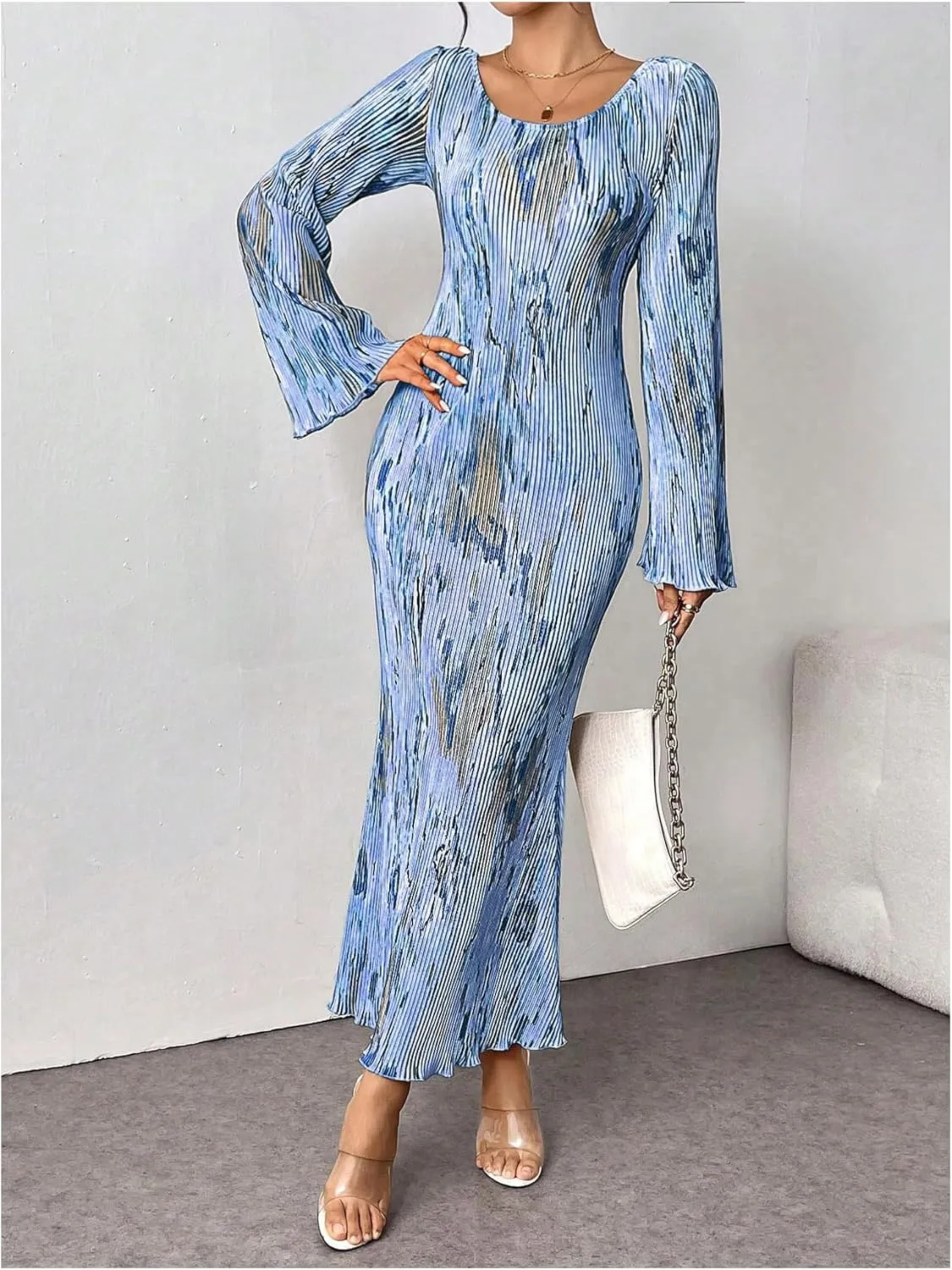 Floerns Women's Tie Dye Bodycon Long Dress Pleated Long Sleeve Fishtail Hem Party Dress